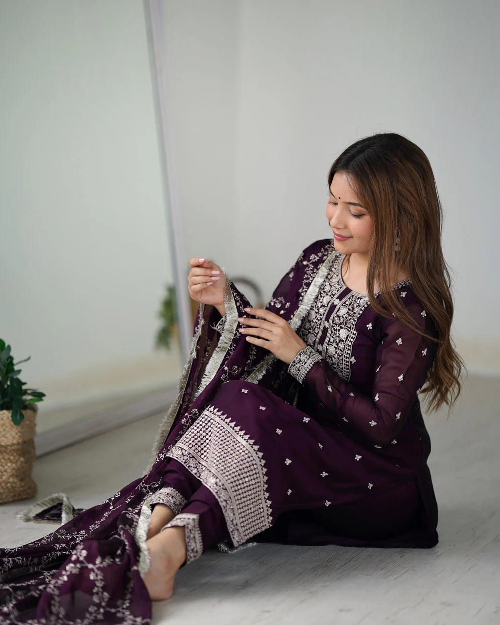 Womenline Wine Color Rangoli Silk Three Piece Kurti Suit