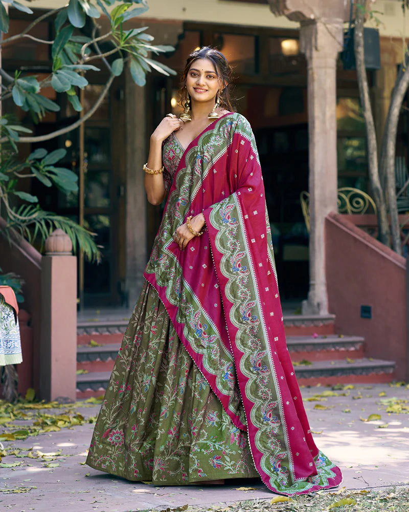 Womenline Bottle Green Color Tasar Silk Foil Printed Lehenga Choli