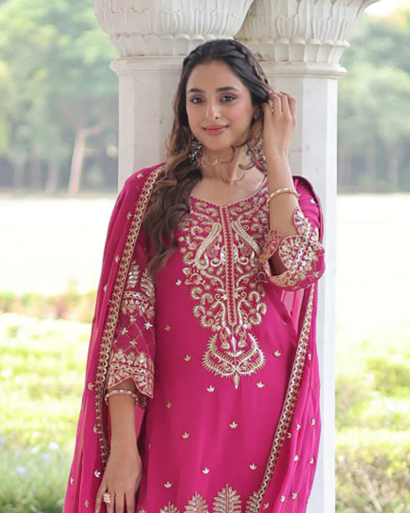 Womenline Rani Pink Color Georgette Embroidered Three Piece Kurti Suit