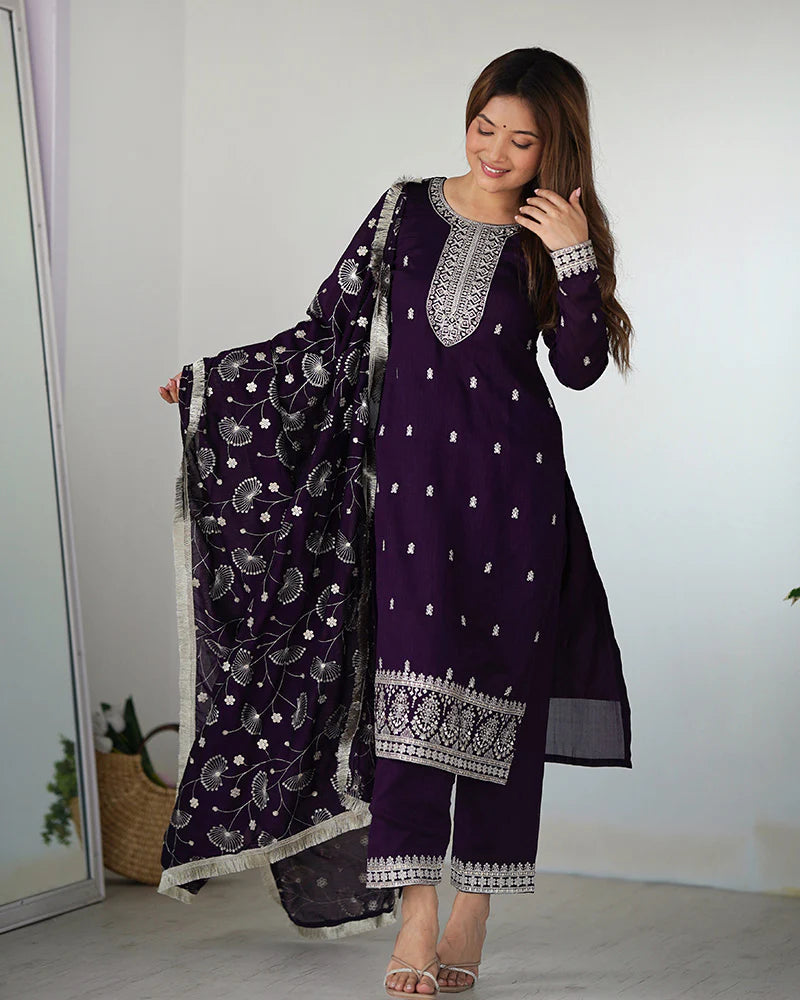 Womenline Purple Color Rangoli Silk Three Piece Kurti Suit