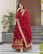 Womenline Maroon Color Designer Blooming Embroidered Gown