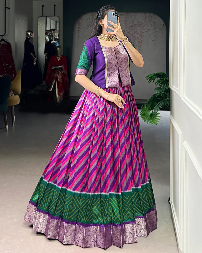 Womenline Purple Color Tasar Silk Laheriya Printed Lehenga Choli