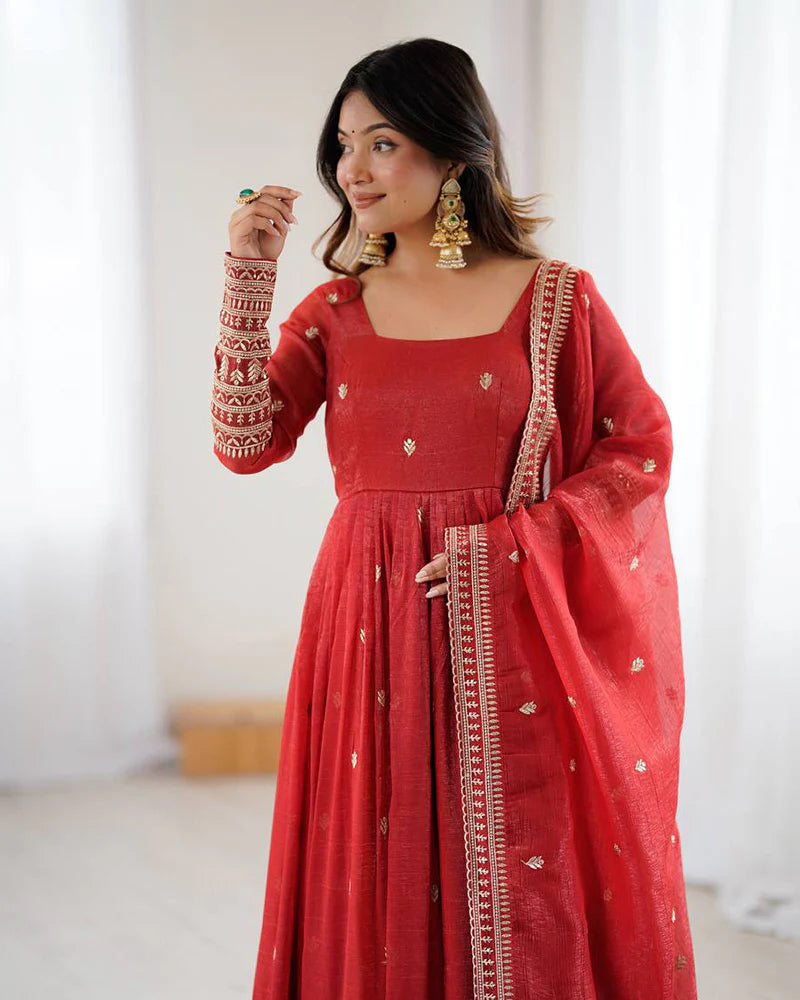 Womenline Rust Color Crunchy Silk Embroidered Gown