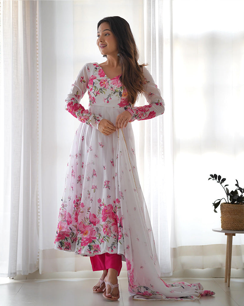 Womenline White Organza Silk Floral Print Three Piece Anarkali Suit