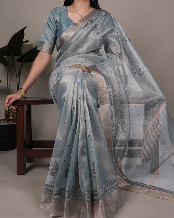 Womenline Sky Blue Color Poly Shimmer Embroidered Saree