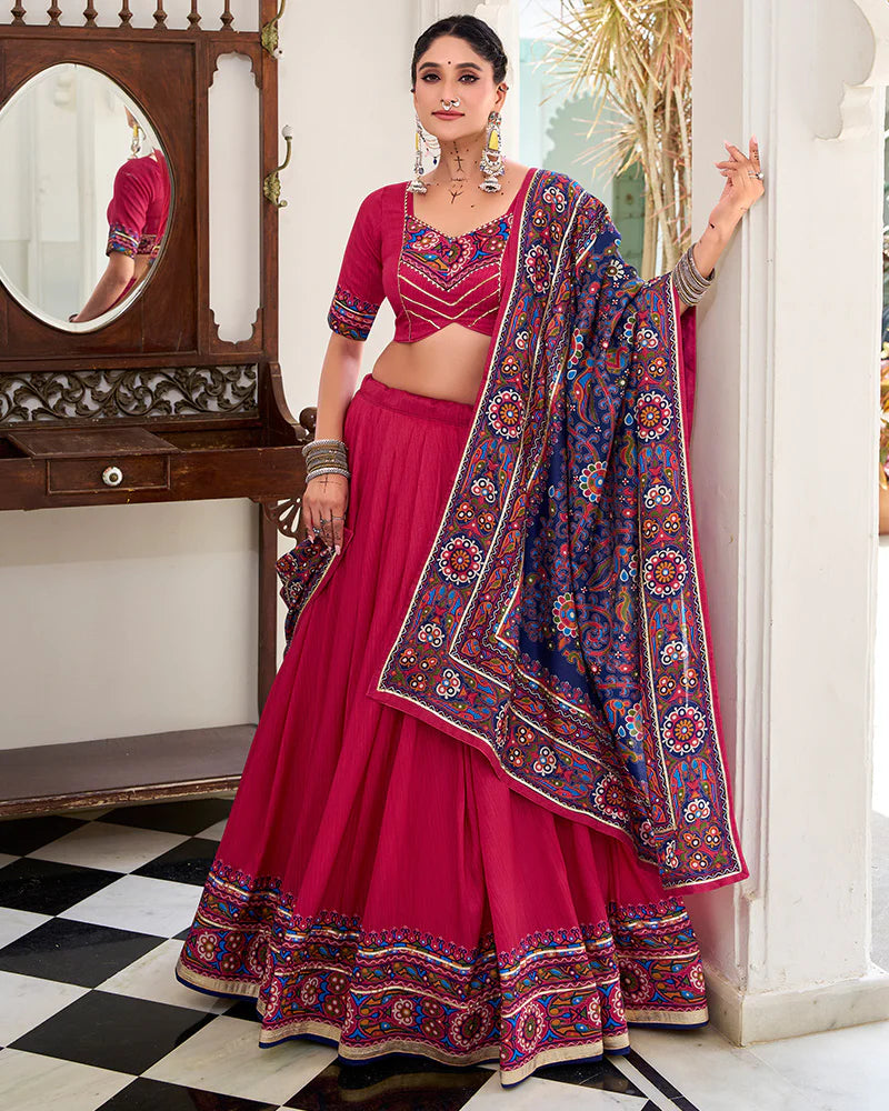Womenline Pink Color Tussar Silk Full Stitched Navratri Lehenga Choli