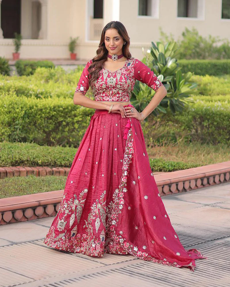 Womenline Tomato Color Gold Crush Embroidered Lehenga Choli