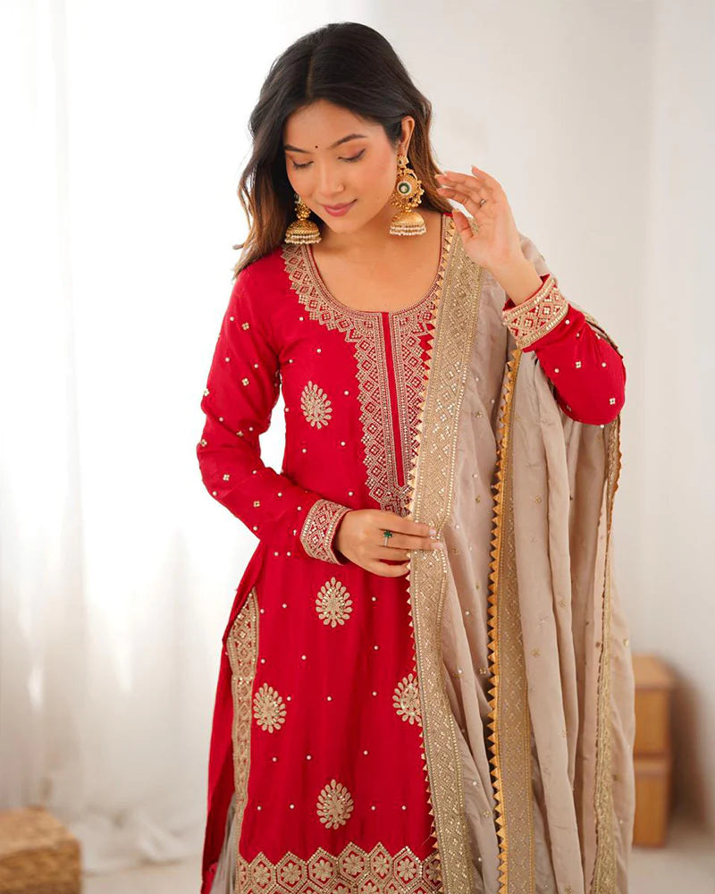 Womenline Red Color Chinon Silk Embroidered Sharara Suit