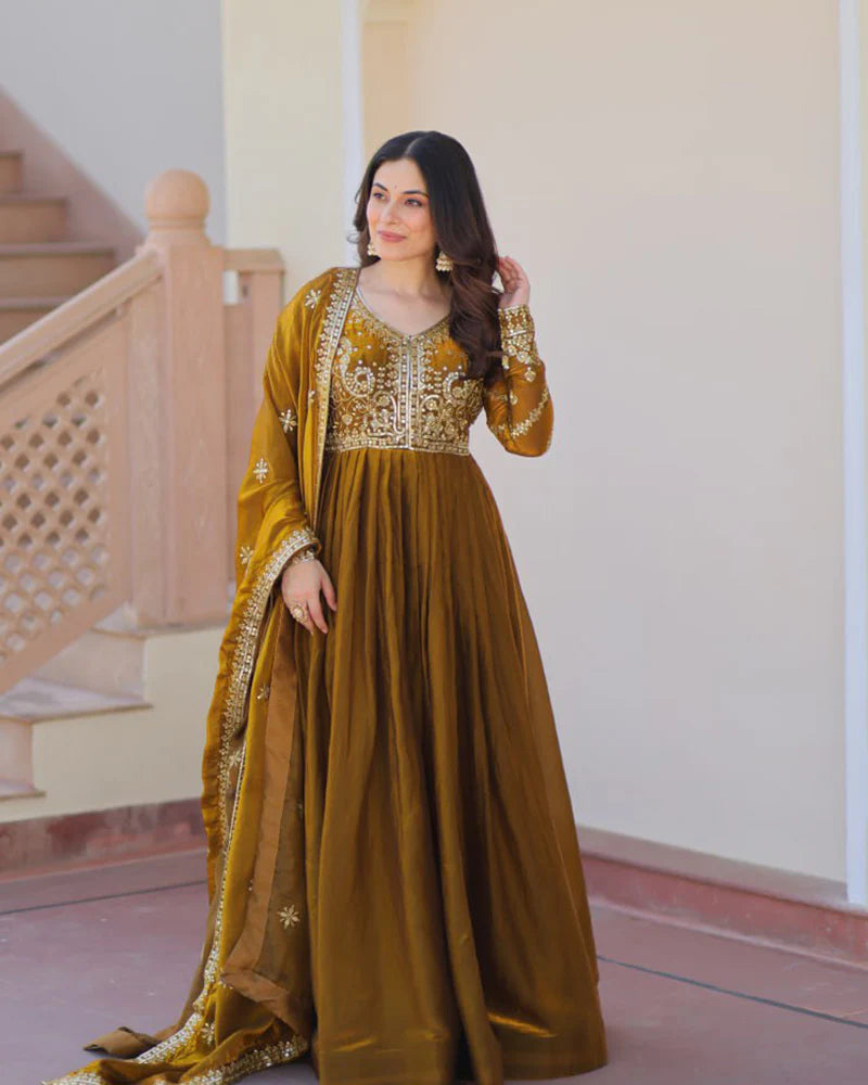 Womenline Mehndi Color Fendi Embroidered Gown