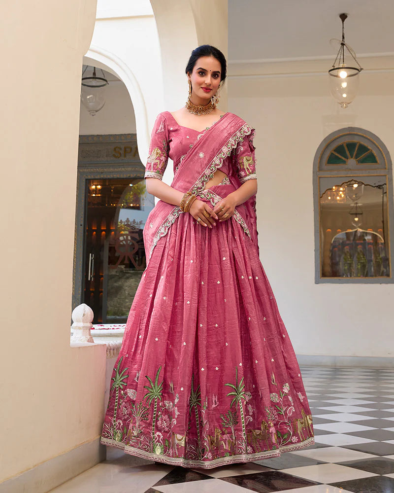 Womenline Pink Color Gold Crush Embroidered Lehenga Choli