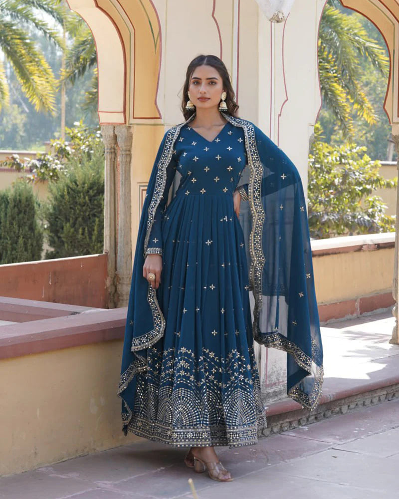 Womenline Rama Color Full Flair Anarkali Gown With Embroidered Dupatta
