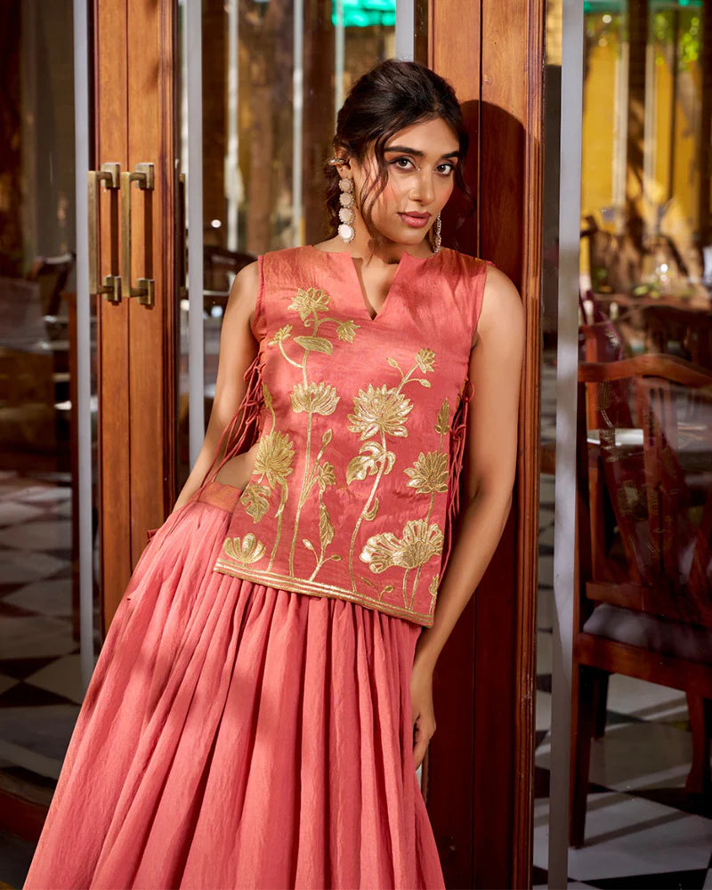 Womenline Peach Color Pure Shimmer Embroidered Lehenga Choli