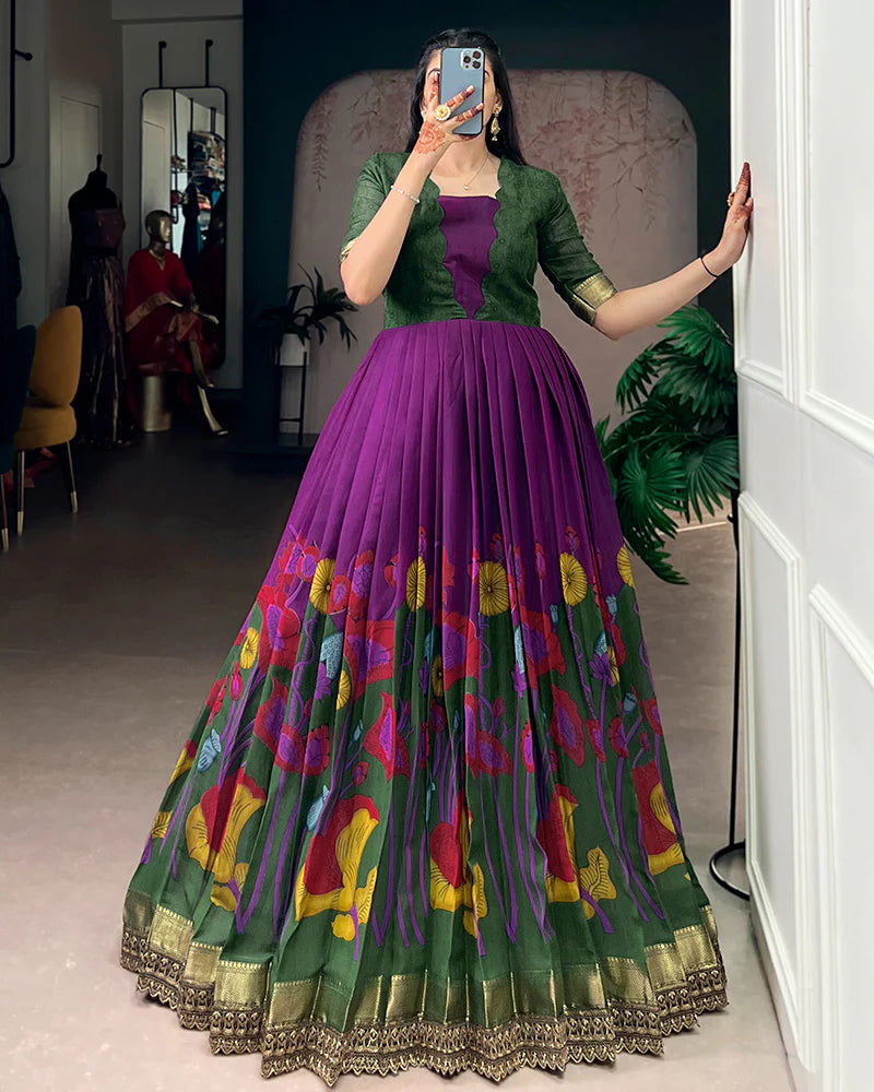 Womenline Purple Color Viscose Chanderi Floral Printed Gown