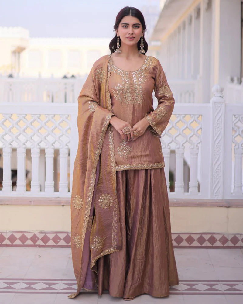 Womenline Chikoo Color Fendi Crush Embroidered Plazzo Suit