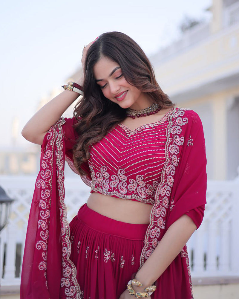 Womenline Cherry Rose Color Blooming Embroidered Lehenga Choli