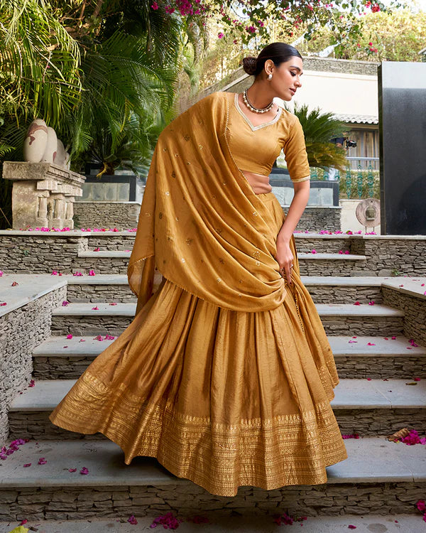 Womenline Mustard Color Pure Chanderi Plain Half Saree