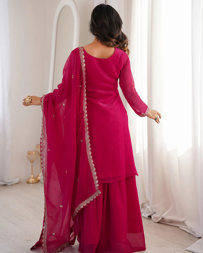 Womenline Rani Pink Color Soft Crunchy Silk Embroidered Plazzo Suit