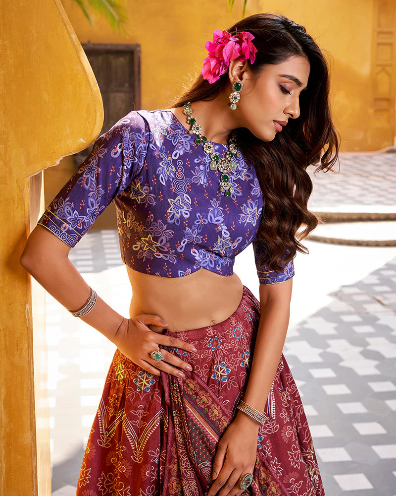 Womenline Maroon Color Vichitra Silk Printed And Embroidered Lehenga Choli