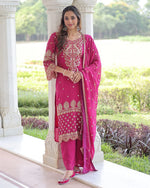 Womenline Rani Pink Color Georgette Embroidered Three Piece Kurti Suit