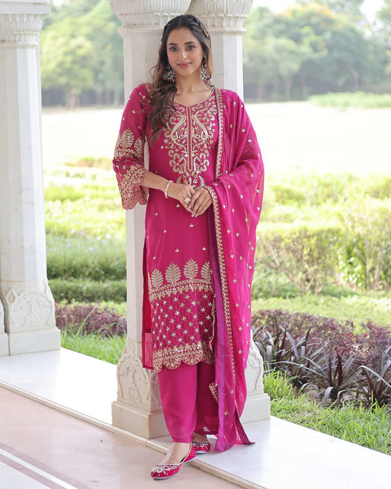 Womenline Rani Pink Color Georgette Embroidered Three Piece Kurti Suit