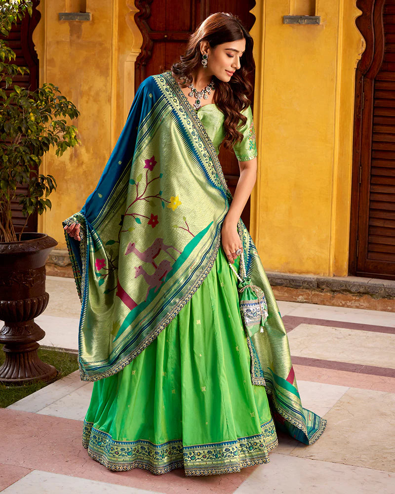 Womenline Parrot Green Color Soft Silk Paithani Lehenga Choli