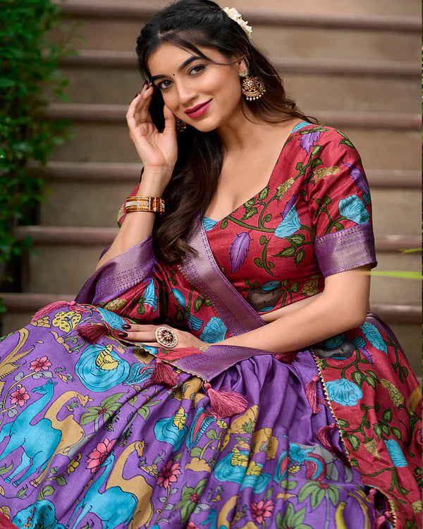 Womenline Lavender Color Dola Silk Designer Kalamkari Print Half Saree