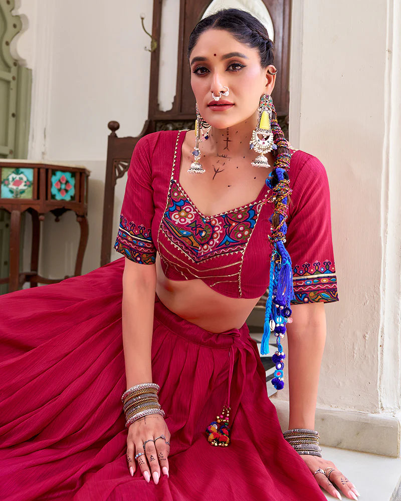 Womenline Pink Color Tussar Silk Full Stitched Navratri Lehenga Choli