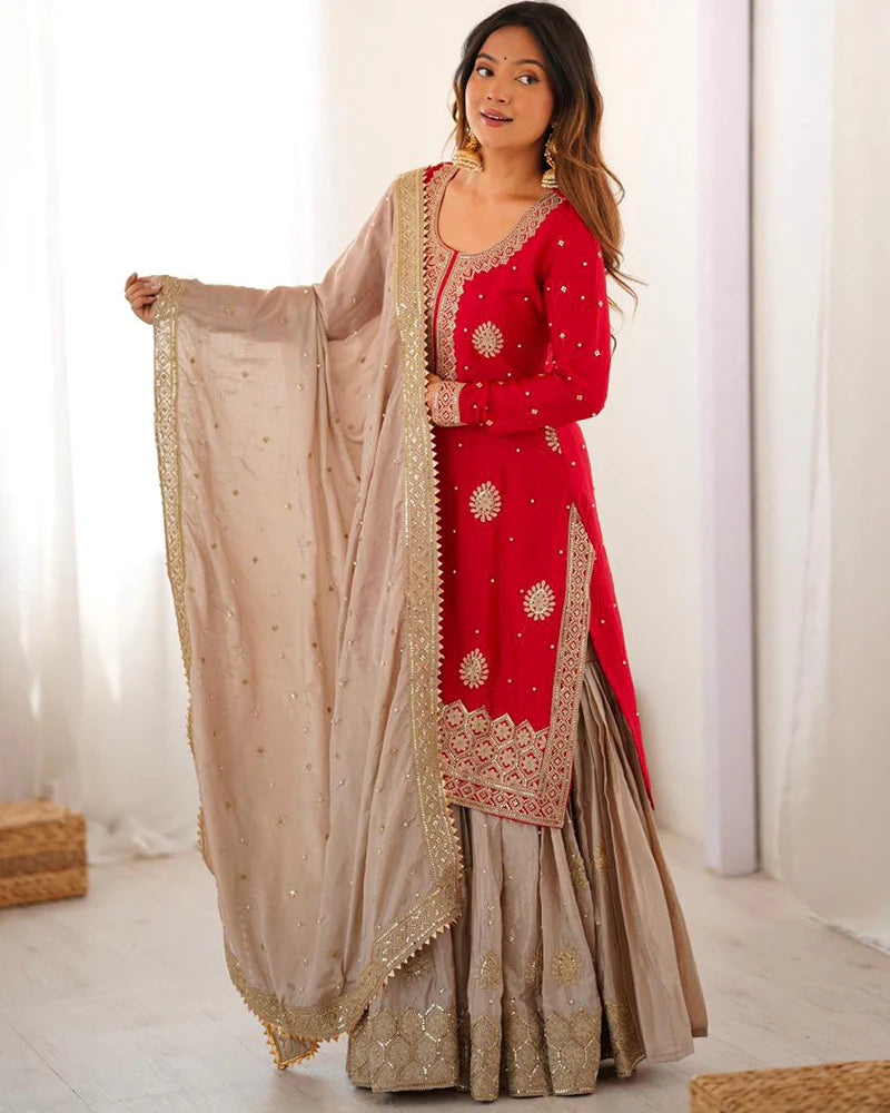 Womenline Red Color Chinon Silk Embroidered Sharara Suit