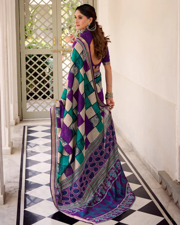Womenline Purple Color Polyester Chanderi Printed Saree