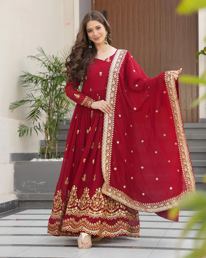 Womenline Maroon Color Designer Blooming Embroidered Gown