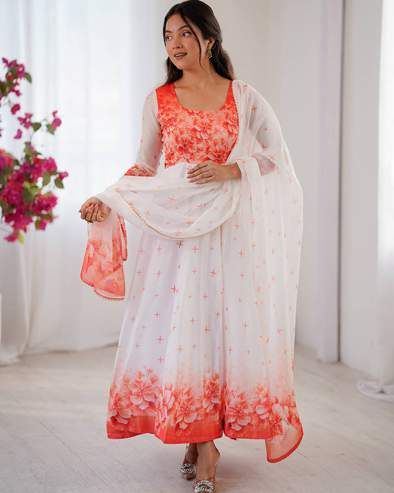 Womenline Orange Color Flower Print Tabby Organza Anarkali Suit