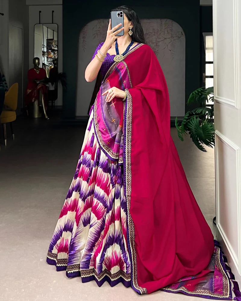 Womenline Purple Color Tasar Silk Dye Printed Lehenga Choli