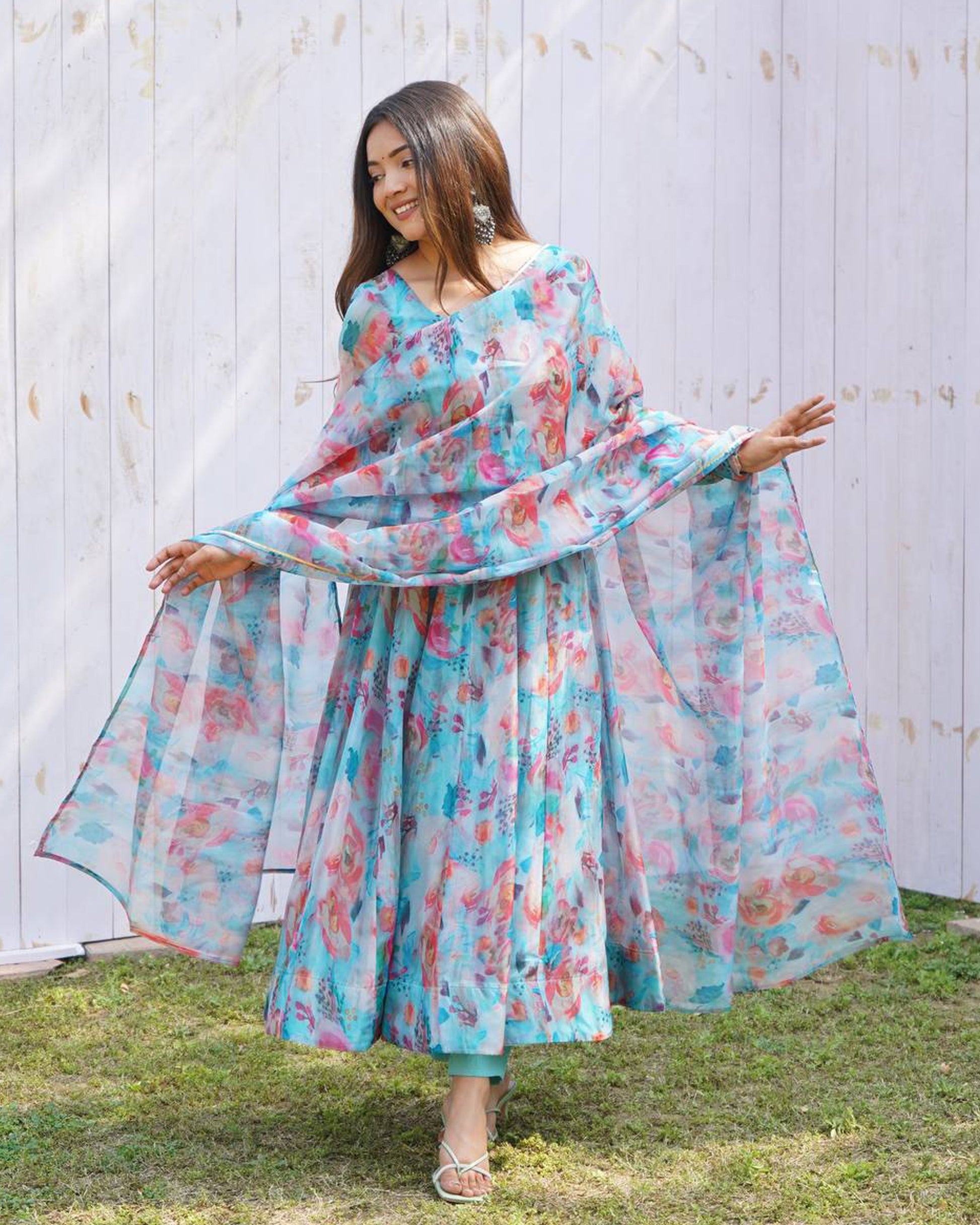 Womenline Sky Blue Multi Color Print Organza Three Piece Anarkali Suit