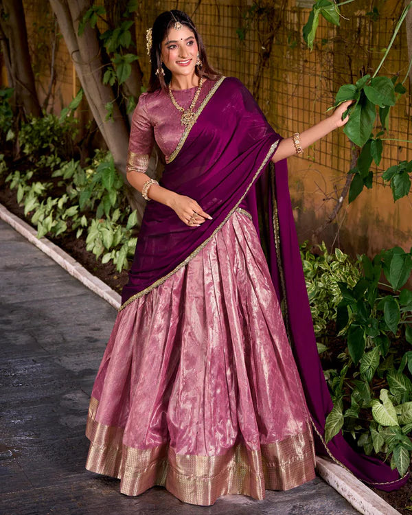 Womenline Pink Color Dupion Silk Zari Weaving Half Saree