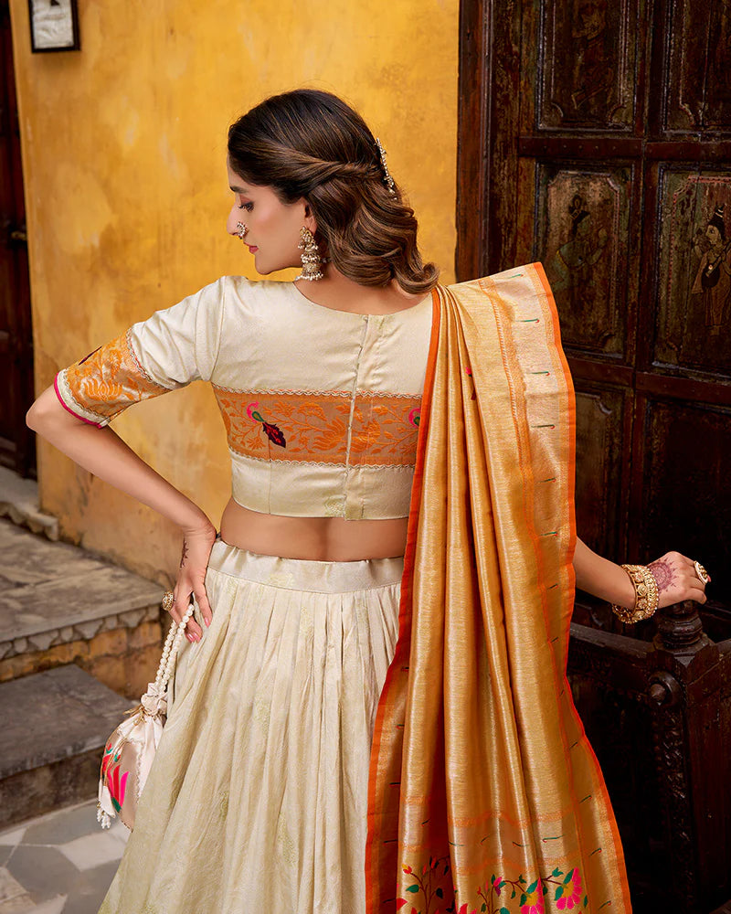 Womenline Off-White Color Paithani Silk Zari Weaving Lehenga Choli