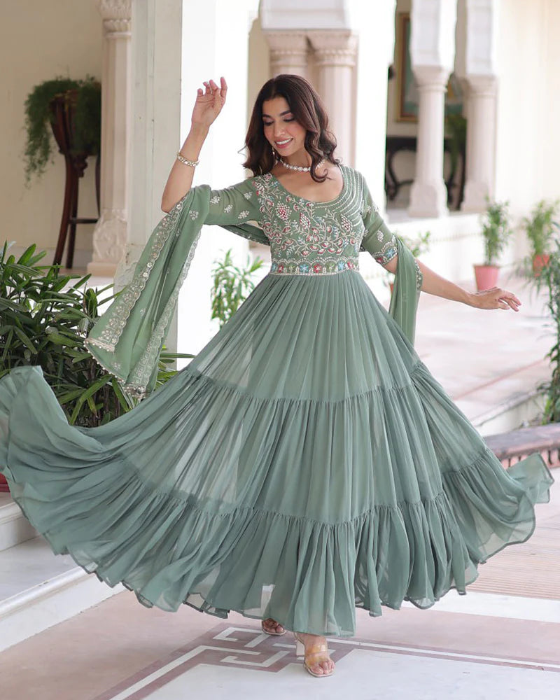 Womenline Pastel Green Color Faux Blooming Embroidered Gown