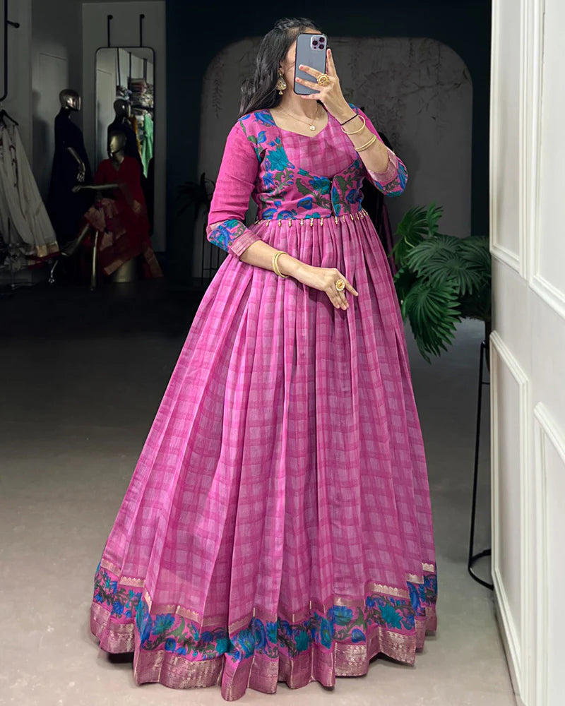 Womenline Pink Color Viscose Chanderi Printed Gown