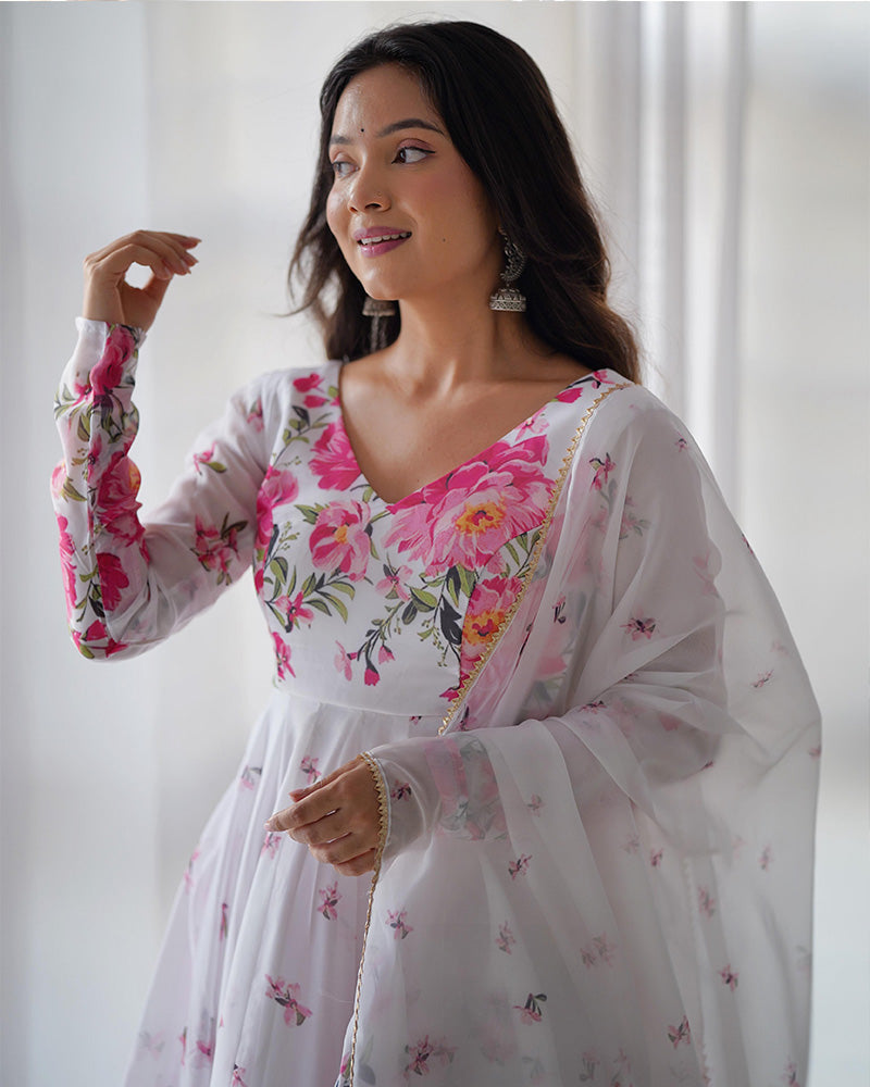 Womenline White Organza Silk Floral Print Three Piece Anarkali Suit