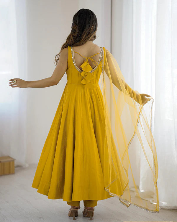 Womenline Yellow Color Chanderi Pure Roman Silk Anarkali Suit