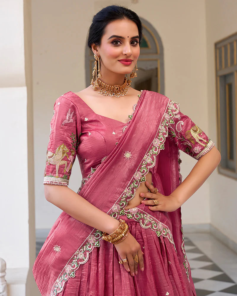 Womenline Pink Color Gold Crush Embroidered Lehenga Choli