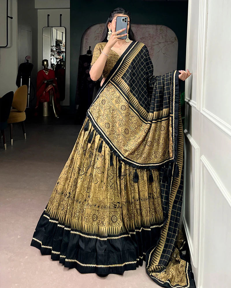 Womenline Gold Color Tasar Silk Kalamkari Printed Lehenga Choli