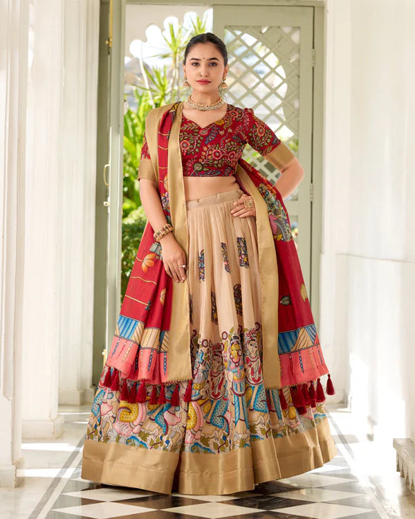 Womenline Cream Color Dola Silk Designer Kalamkari Print Half Saree