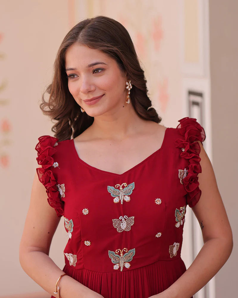 Womenline Red Color Faux Blooming Embroidered work Gown