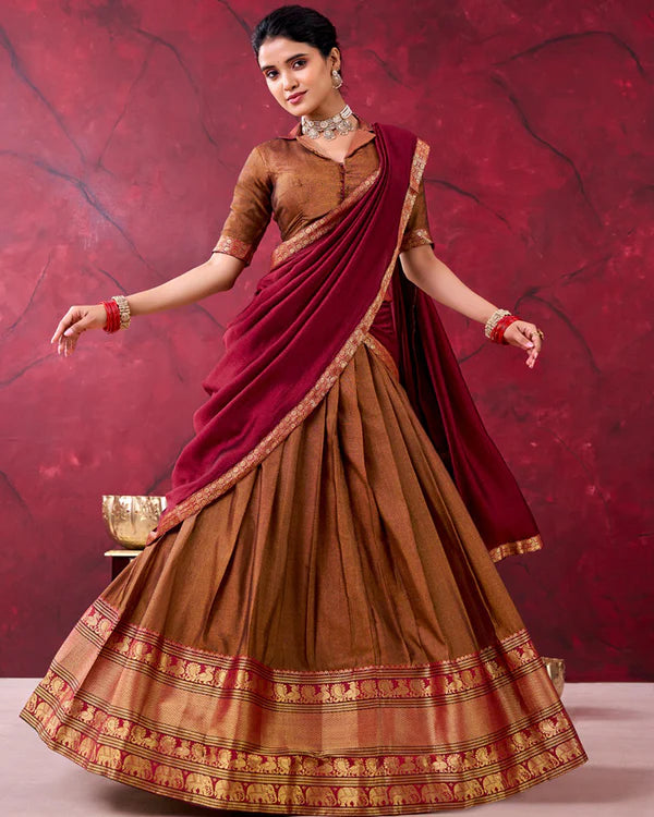 Womenline South Indian Style Mustard Color Narayan Pet Cotton Half Saree