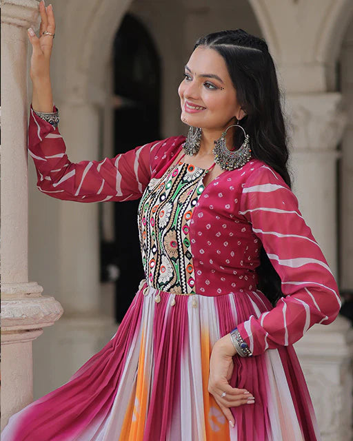Womenline Pink Color Faux Georgette Bandhej Print Navratri Gown