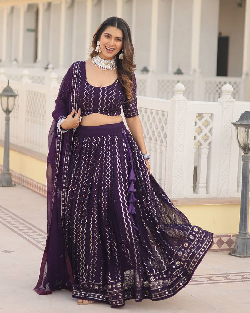 Womenline Wine Color Blooming Soft Georgette Heavy Embroidery Threaded Semi Stitched Lehenga Choli