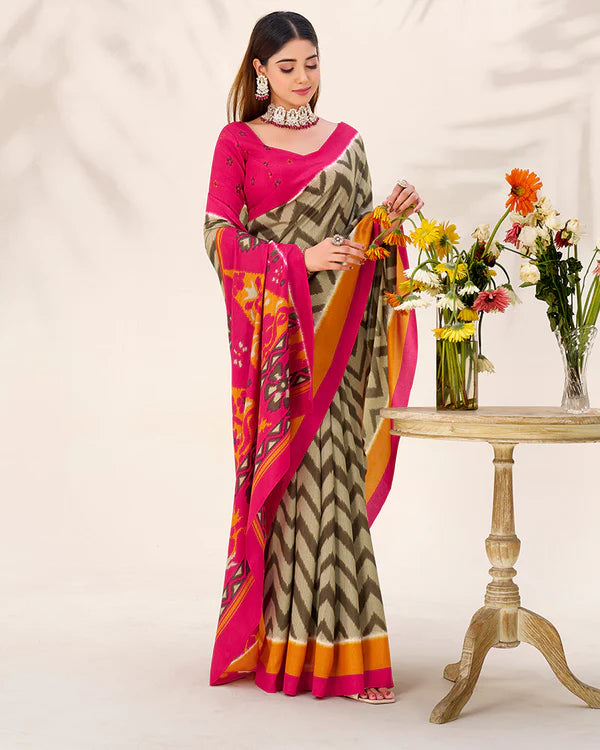 Womenline Mehndi Color Tasar Silk Printed Saree
