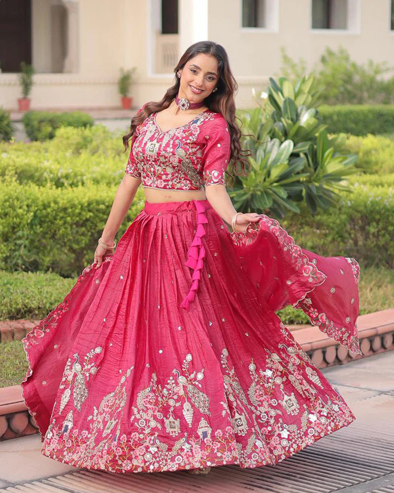 Womenline Tomato Color Gold Crush Embroidered Lehenga Choli
