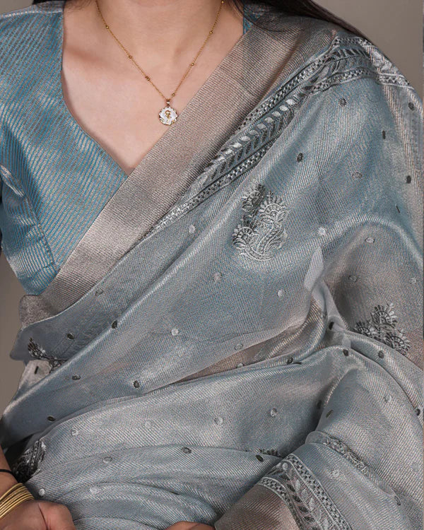 Womenline Sky Blue Color Poly Shimmer Embroidered Saree