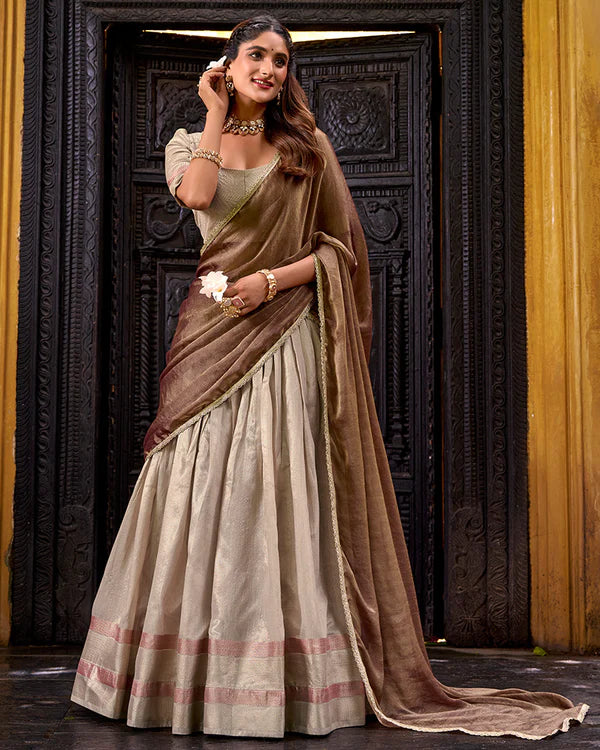 Womenline Cream Color Dupion Silk Zari Weaving Half Saree